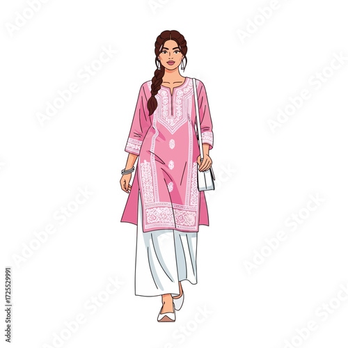 A young woman with braided hair and a pink embroidered kurta walks confidently, carrying a white handbag and wearing white palazzo pants and sandals.