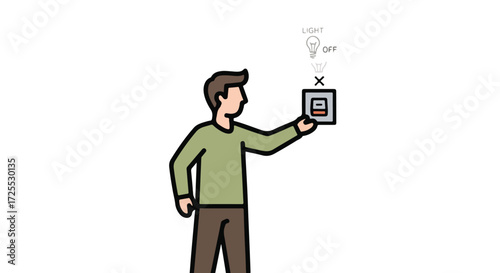 Man switching off light depicted in a cartoonish illustration emphasizing energy conservation and household responsibility