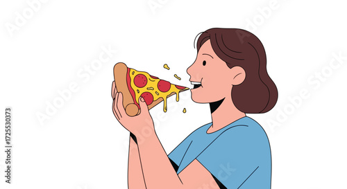 Enchanting illustration of a woman relishing a delectable pepperoni pizza slice with flowing cheese and delightful expression on a bright,