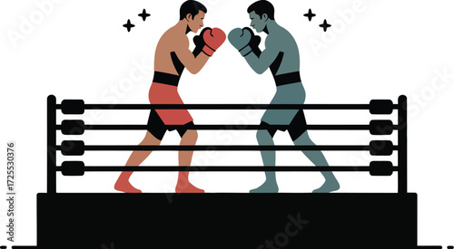 Two determined boxers face off in a competitive match within a boxing ring, ready for action.