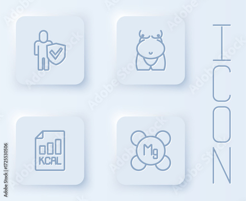 Set line Healthy lifestyle, Obesity, Diet plan and Magnesium. White square button. Vector