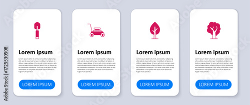 Set Tree, Lawn mower and Garden trowel spade or shovel. Business infographic template. Vector