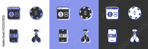 Set Dart arrow, Online poker table game, sports betting and Casino chip with dollar icon. Vector
