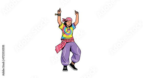 Enthusiastic hippie dancing with joyous expression and colorful attire, celebrating life with carefree movements against a plain background