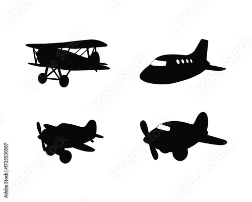 Collection of four black silhouette illustrations of different airplane types including biplanes and modern jets on a white background