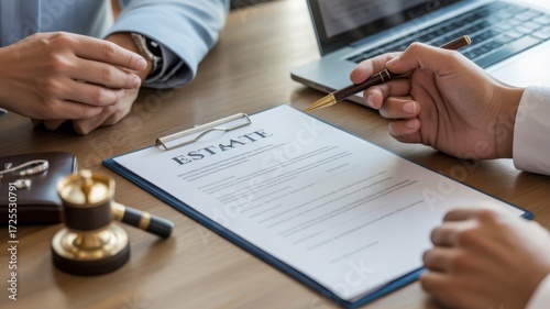 Estate planning discussion between lawyer and client, reviewing legal documents with gavel