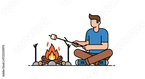 Cartoon man sitting cross-legged roasting marshmallow on campfire, evokes warmth and outdoor experience, ideal for illustrating simple pleasures of
