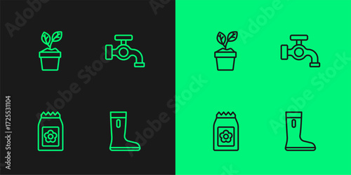 Set line Waterproof rubber boot, Pack full seeds, Plant in pot and tap icon. Vector