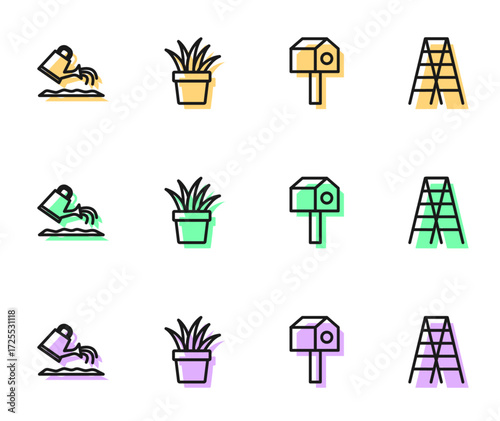 Set line Bird house, Watering can, Plant pot and Wooden staircase icon. Vector