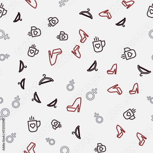 Set line Hanger wardrobe, Coffee cup and heart, Female gender symbol and Woman shoe on seamless pattern. Vector