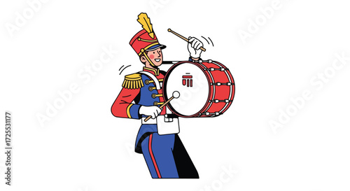 Animated marching band drummer illustration delivering rhythm and beats for cheerful parade celebration with vintage uniform style and festive mood