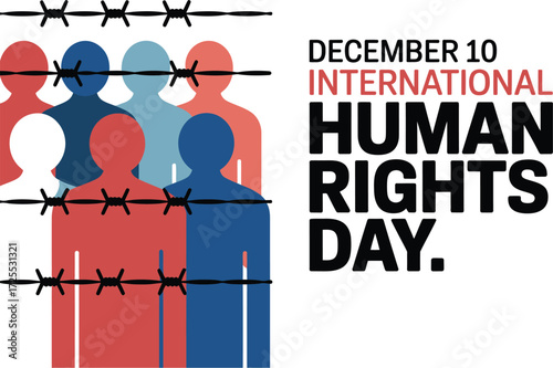 Silhouettes of diverse people behind barbed wire, symbolizing human rights struggles and advocacy for International Human Rights Day.