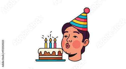 Whimsical birthday celebration: A charming illustration of a boy blowing out birthday candles, filled with joy and festivity