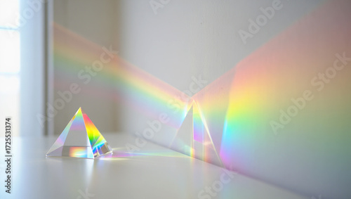 Photo of a prism refracts white light into a vibrant rainbow spectrum on a white surface