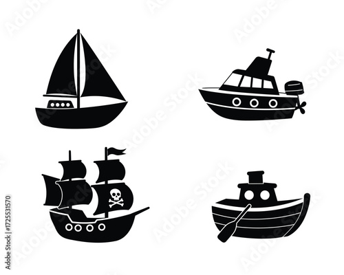 Collection of four stylized black silhouette illustrations of different types of boats including a sailboat a tugboat a pirate ship and a rowboat