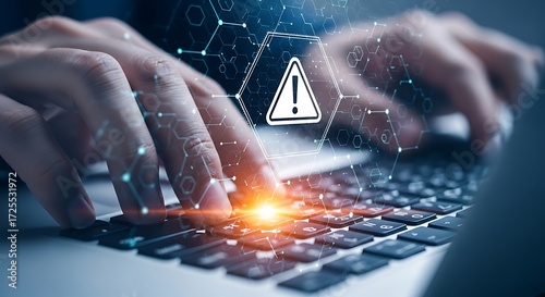 Person typing on laptop with digital warning symbol and network connections keyboard hands