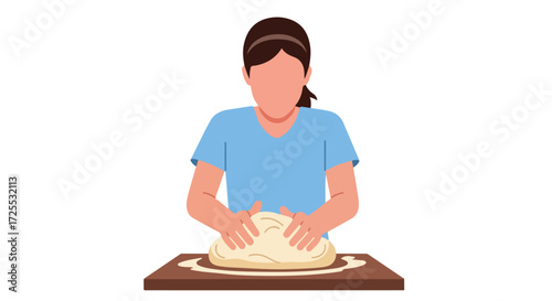 Artistic depiction of a woman in a light blue t-shirt kneading dough on a wooden board with a clean white background illustration
