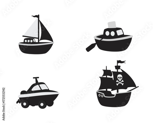 Collection of four whimsical silhouette illustrations of various boats including a sailboat tugboat and pirate ship