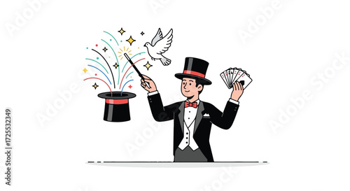 Drawn Illusionist Performing Magic Trick with Wand Hat Cards and White Dove isolated on white background