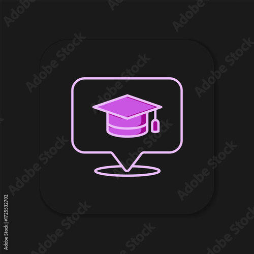 Filled outline Graduation cap in speech bubble icon isolated on black background. Graduation hat with tassel icon. Flat filled outline style with shadow. Vector