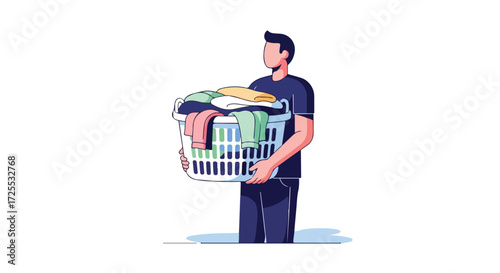 Illustration of a person carrying a laundry basket filled with colorful clothes on a white background