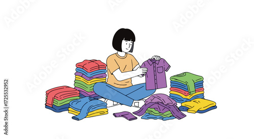Woman organizing a vibrant and neatly folded pile of clothes in a minimalistic setting with a soft color palette and a sense of tidiness