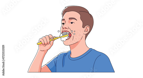 Detailed illustration of a young man brushing his teeth with toothpaste using a toothbrush in his daily morning routine
