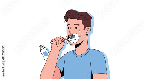 Animated cartoon of a young man brushing his teeth in the morning, maintaining good oral hygiene habits for long-term health and wellbeing