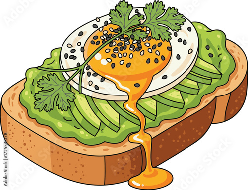 Vector illustration of avocado toast with runny egg
