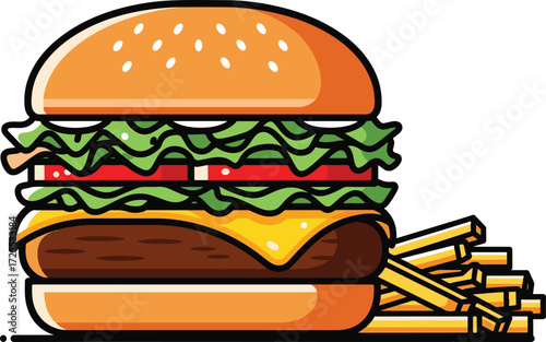 Classic cheeseburger and fries fast food vector icon
