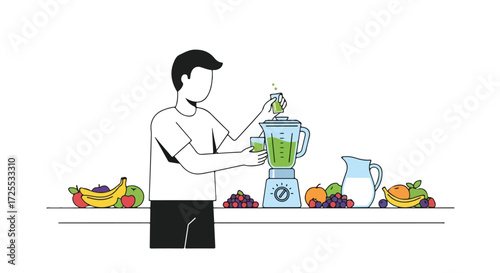 Man preparing a healthy green smoothie using a blender with fresh fruits on the kitchen counter displaying a lifestyle of wellness and vitality