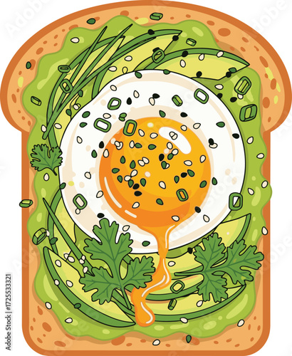 Vector illustration of avocado toast with fried egg