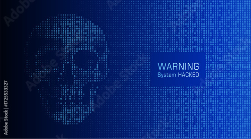 Skull Shape composed by binary numbers on a dark background. Cyber attack and cyber security concepts. Computer hacking. Digital technology