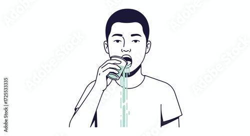 Line art depiction of a young man drinking refreshing water from a clear plastic cup with a minimalist and contemporary design style