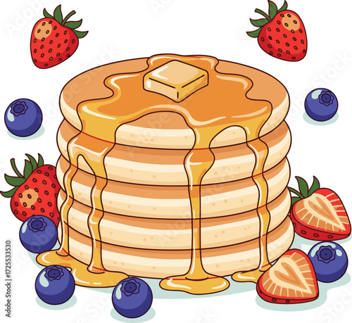 Vector Illustration of pancakes with syrup, butter, berries