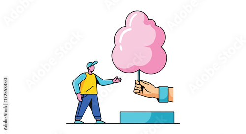 Cartoon man reaching for a giant pink cotton candy held by a hand at a colorful booth stands, showcasing a sweet treat exchange and cheerful
