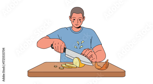 Illustration of a man with tearful eyes slicing onions on a wooden cutting board with knife  character conveying emotion through cooking experience