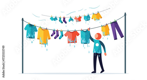 Cartoon illustration of a person hanging up dripping wet laundry on a clothesline outdoors on a sunny day, showcasing household chores and