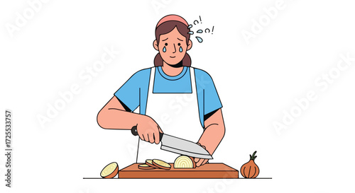 Cartoon illustration of a woman tearing up while slicing onions in the kitchen, simple and colorful artwork style