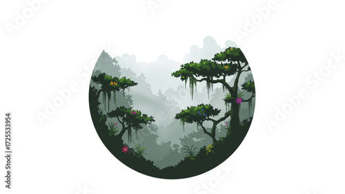 Advanced Tropical Rainforest Illustration: Lush Green Canopy, Vibrant Flowers, Misty Jungle Landscape, Hanging Vines, and Dense Vegetation Circle Design