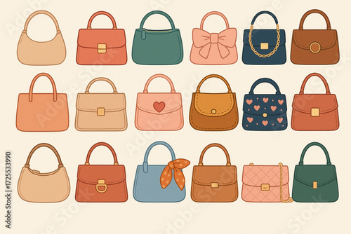 Handbag Design Grid Illustration with Casual and Formal Fashion Accessories