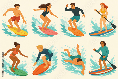 Surf and Paddleboard Character Collection in Dynamic Water Sports Illustration