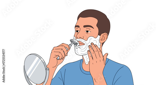 Cartoon illustration of a man meticulously shaving his face in front of a mirror with cream for a smooth skin routine and personal care, creating a