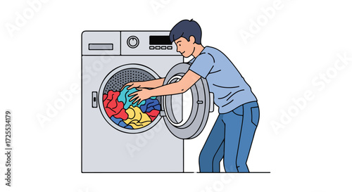 Cartoon illustration displaying a man doing laundry by loading a washing machine with colorful clothes with white isolated background