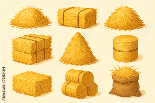 Hay Illustration Collection with Bales, Stacks, and Rustic Farm Elements