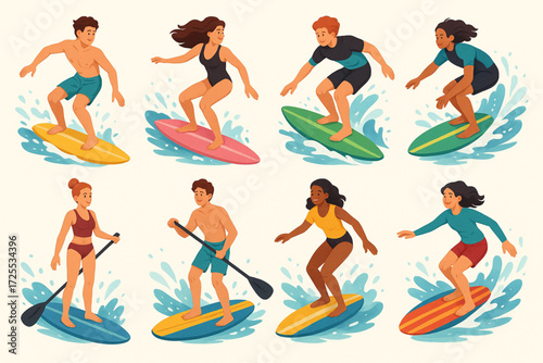 Surf and Paddleboard Character Collection in Dynamic Water Sports Illustration