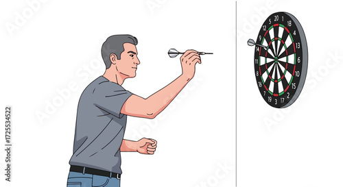 Concentrated man playing darts aiming for precision with sharp focus in casual setting, depicting focus, skill, and leisure activity