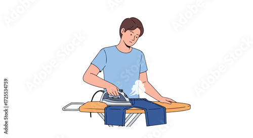 Man carefully ironing blue pants on a board with steam emitted from the device in a white background illustration