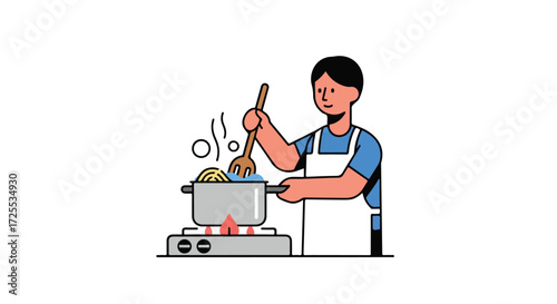 Illustration of a cheerful person in an apron cooking spaghetti in a pot on the stove, stirring with a wooden fork in a minimalist style