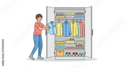 Organized Living: A Boy Selecting a Shirt from a Well-Arranged Wardrobe Full of Colorful Clothes and Accessories for Everyday Wear